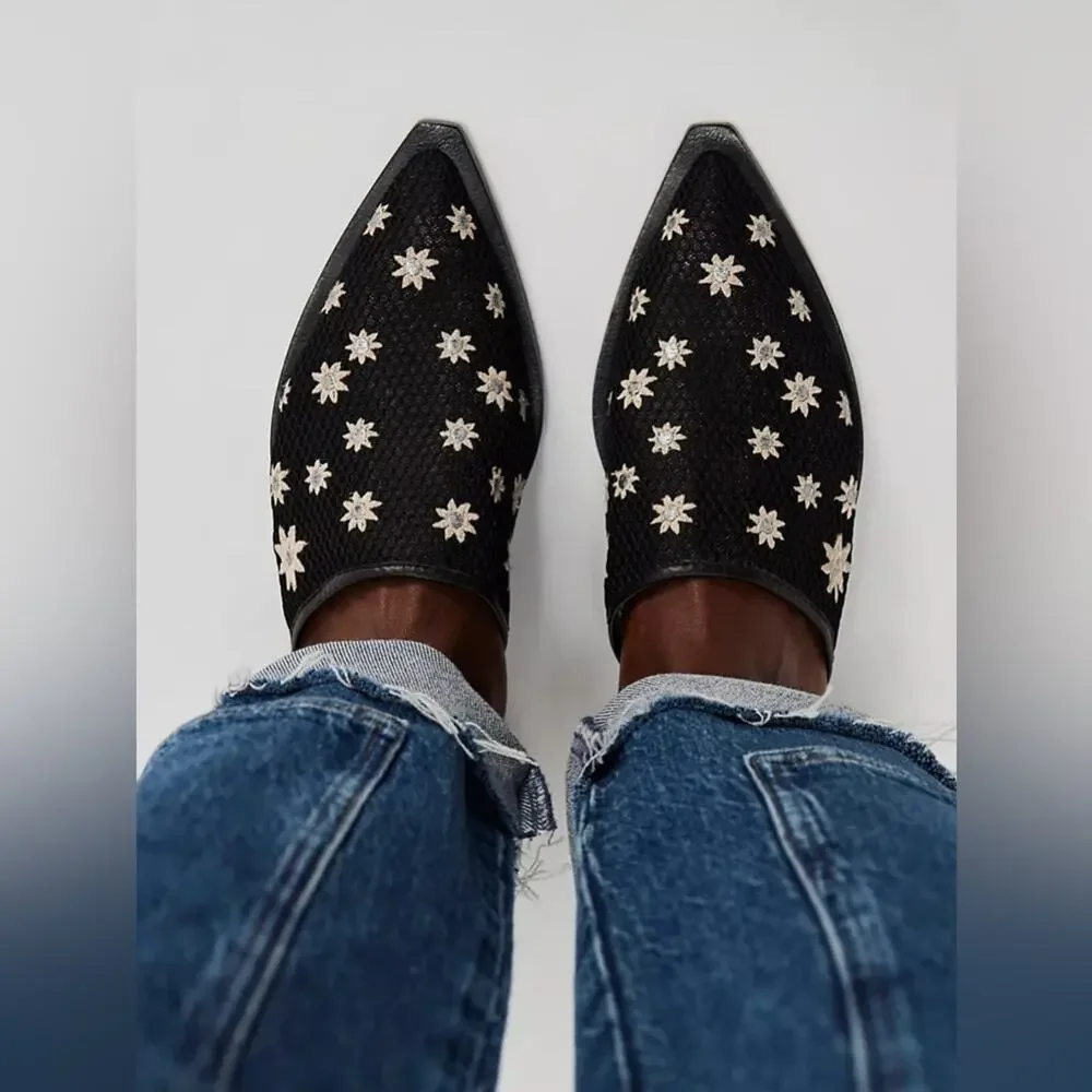 Free People Becky Daisy Embroidered Mules in Black 9